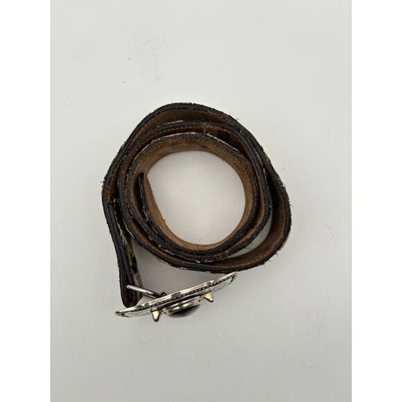 VTG Snakeskin Belt Mens Brown Hand Tooled Tiger Eye Western Buckle Fits 32” main image 10